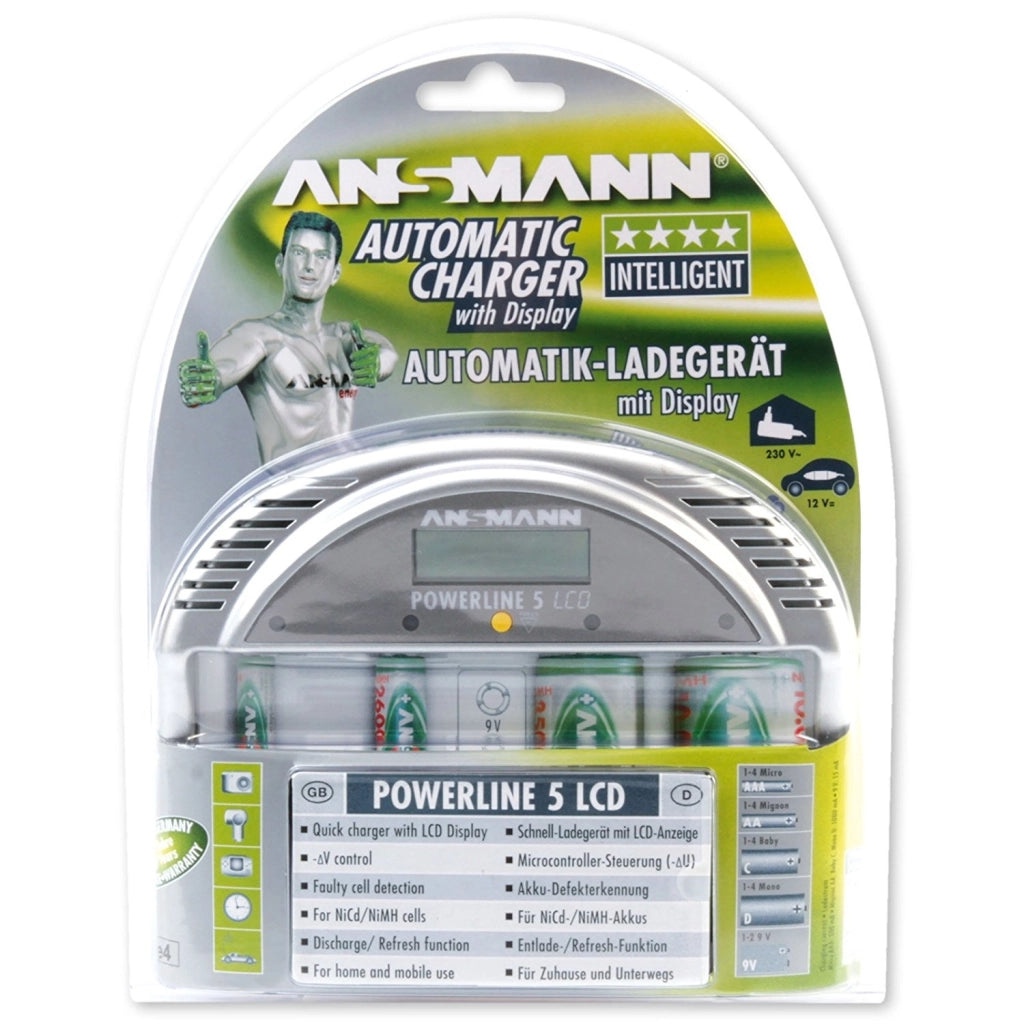 CARICABATTERIA POWERLINE 5 LCD ANSMANN per batterie Micro AAA, Mignon AA, Baby C, Mono D e 9V
