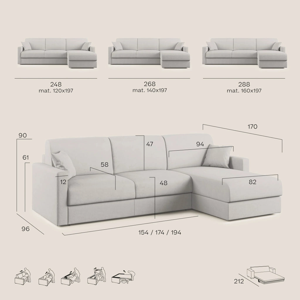 Chris Divano letto angolare 5 posti in tessuto impermeabile T13 268 cm Destro (mat 140x197) panna