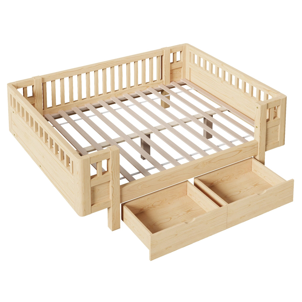 Letto per bambini singolo 90×200 cm con barriera di sicurezza e 2 cassetti; senza materasso; legno e MDF