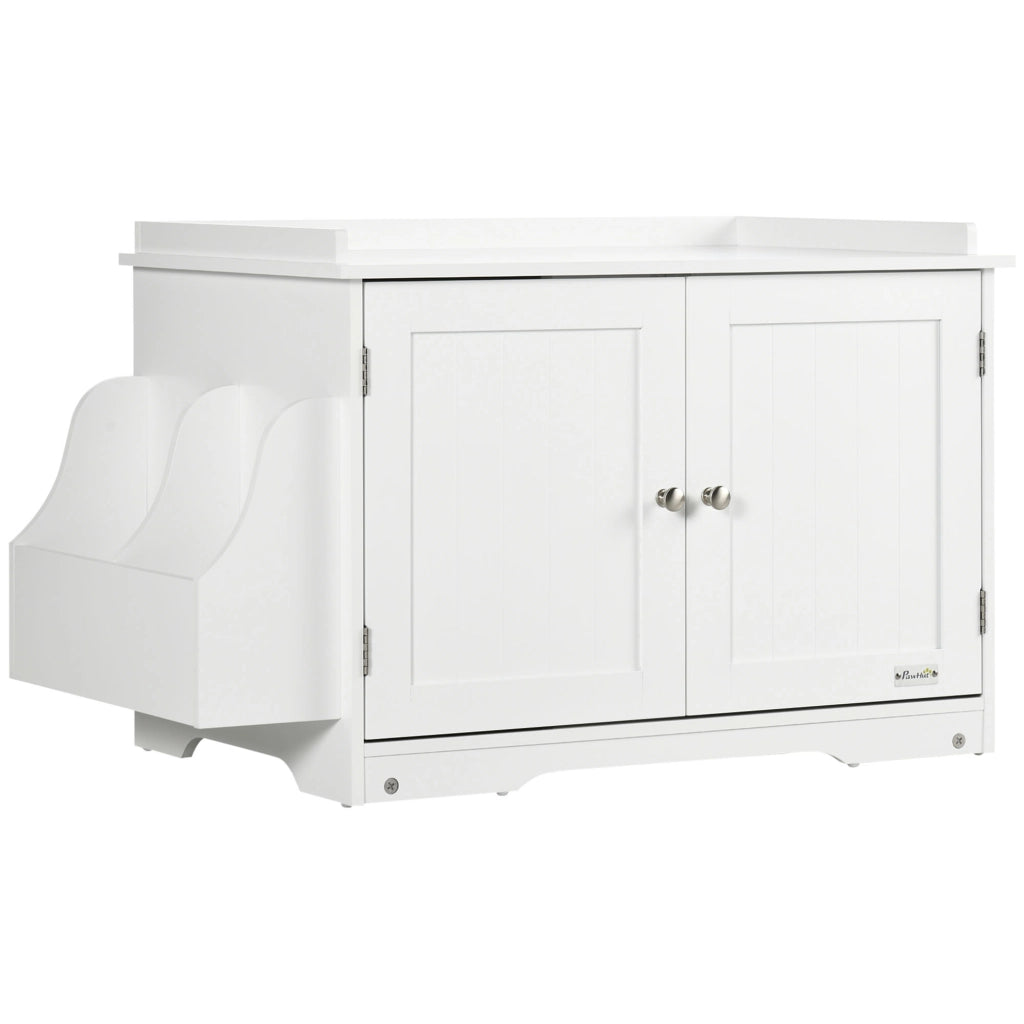 Mobiletto/lettiera per gatti con divisorio regolabile e sportelli magnetici, bianco, 86x48x52 cm, per una gestione elegante del gatto.