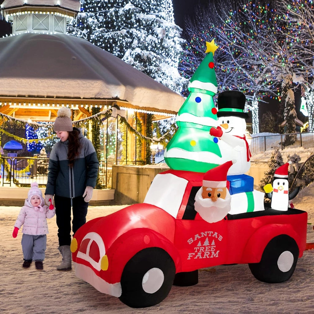 Decorazione Gonfiabile di Natale 240 cm, Gonfiabile di Babbo Natale con Pupazzo di Neve e Pinguino con LED e Soffiatore, per Prato, Casa, Festa
