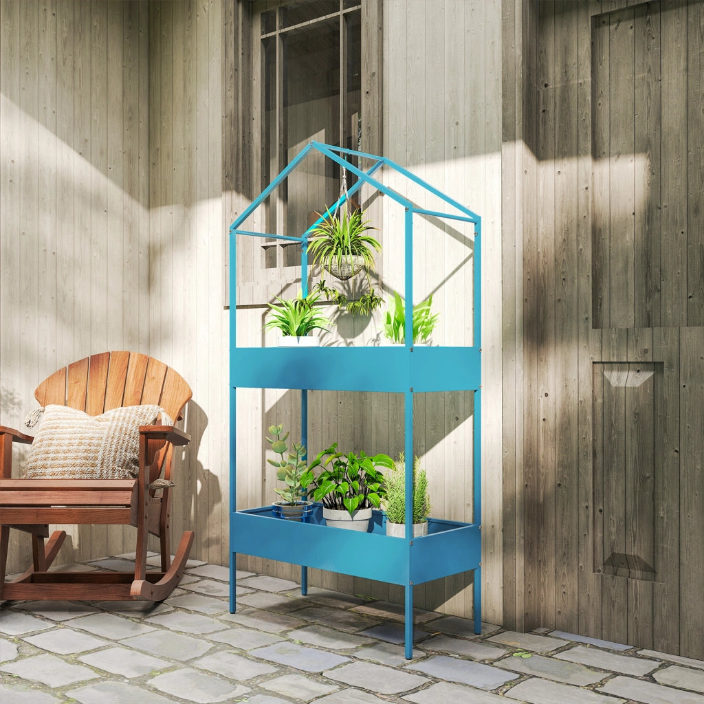 Scaffale Piante 2 Livelli ¨C Xylo ¨C Metallo Forma Casa Blu-Verde