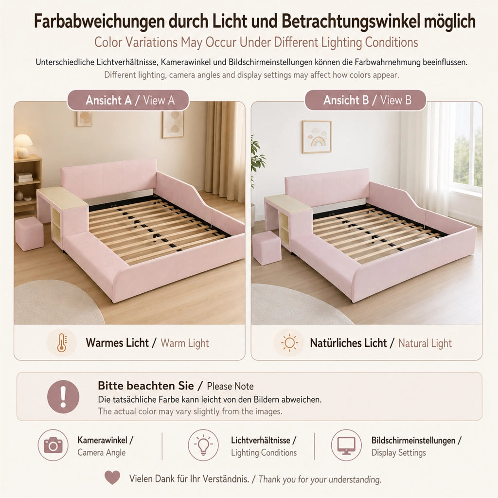 LETTO imbottito 140x200 cm Velluto Rosa con scrivania, sgabello e ripiano