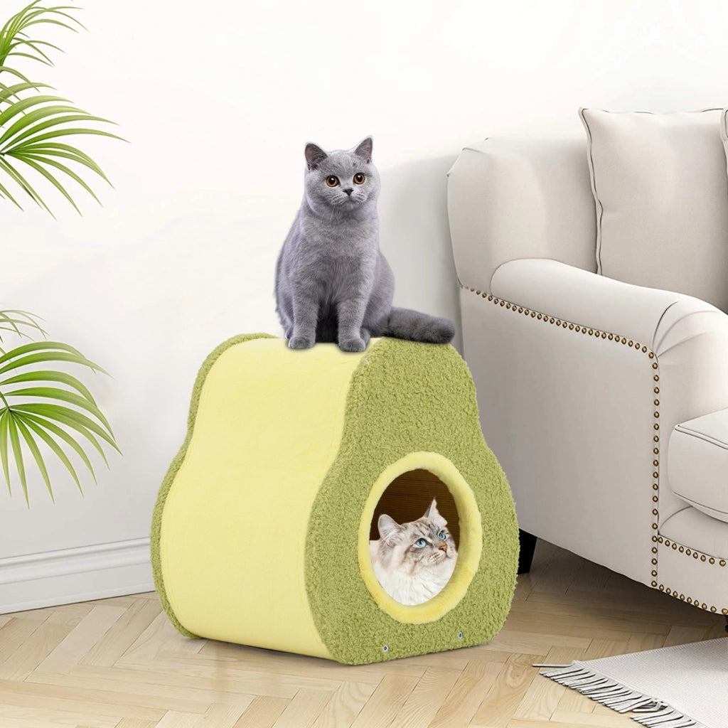 Cuccia per gatti a forma di avocado con tiragraffi in juta, Casetta per gatti carino con foro rotondo Verde-Lettini e divanetti