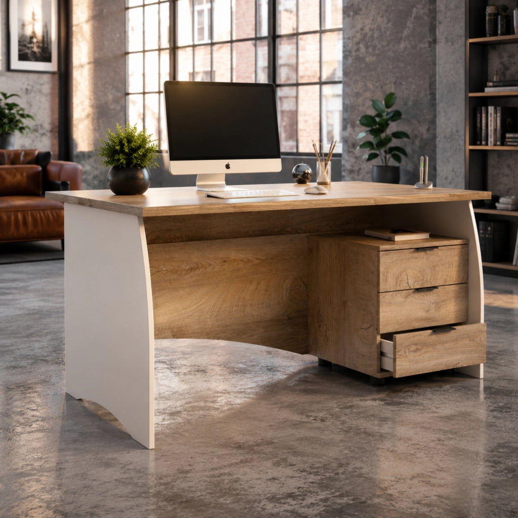 Scrivania Scrittoio Con 3 Cassetti Per Studio Ufficio Mobile Desk Da Soggiorno Sala Da Pranzo 136 X 74 X 67 Cm Bianco E Rovere