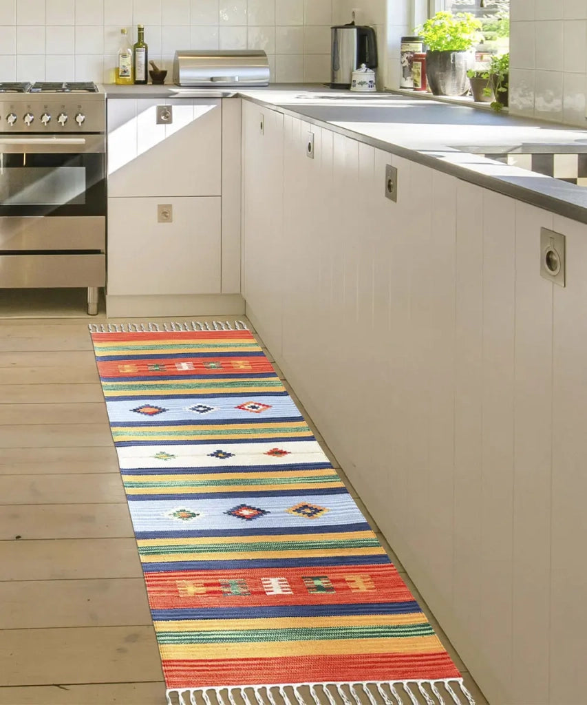 Tappeto KELIM 06 disegni etnici orientali colori vivaci cm.90x150 tessuto e frangia 100% cotone, lavabile in lavatrice