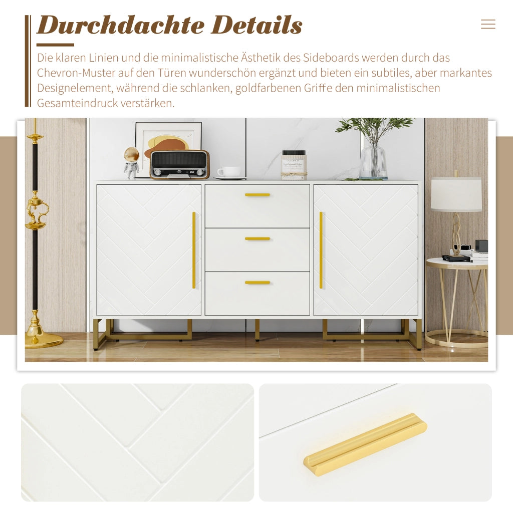 Credenza con 2 ante e 3 cassetti ripiani regolabili in MDF e PB bianca per soggiorno cucina 145 × 40 × 75 cm