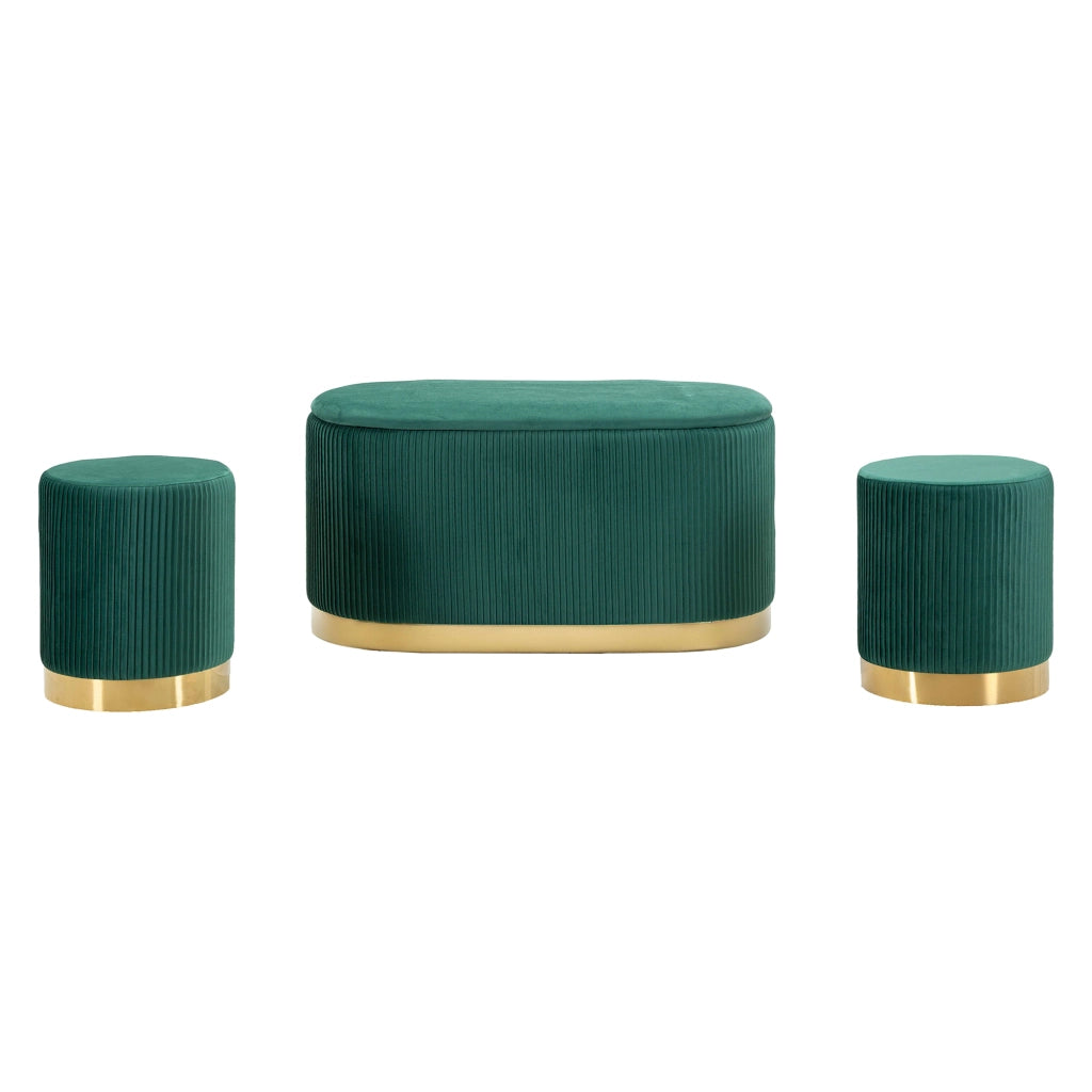Soroti, Panca con due Sgabelli, Panca Contenitore, 80x37x42h cm Verde