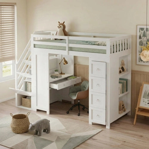Letto a soppalco con scrivania 90x200 cm LEMONMAX per bambini, con cassetti, scaffali, scala contenitore e sponde di sicurezza, pino e MDF, bianco