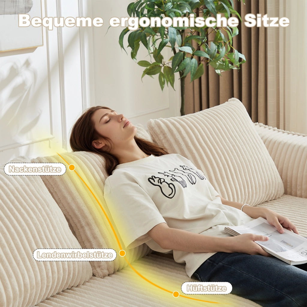 Divano modulare senza montaggio con linee curve e cuscini in velluto a coste beige 235 cm