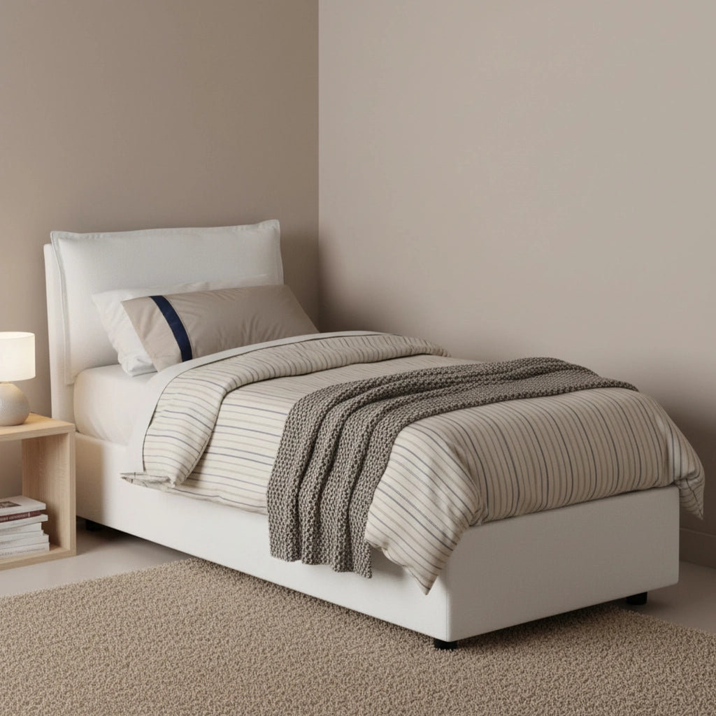 Letto singolo Ancara, Letto contenitore con rivestimento in tessuto, Made in Italy, Apertura frontale, con materasso cm 80x200 incluso, Bianco