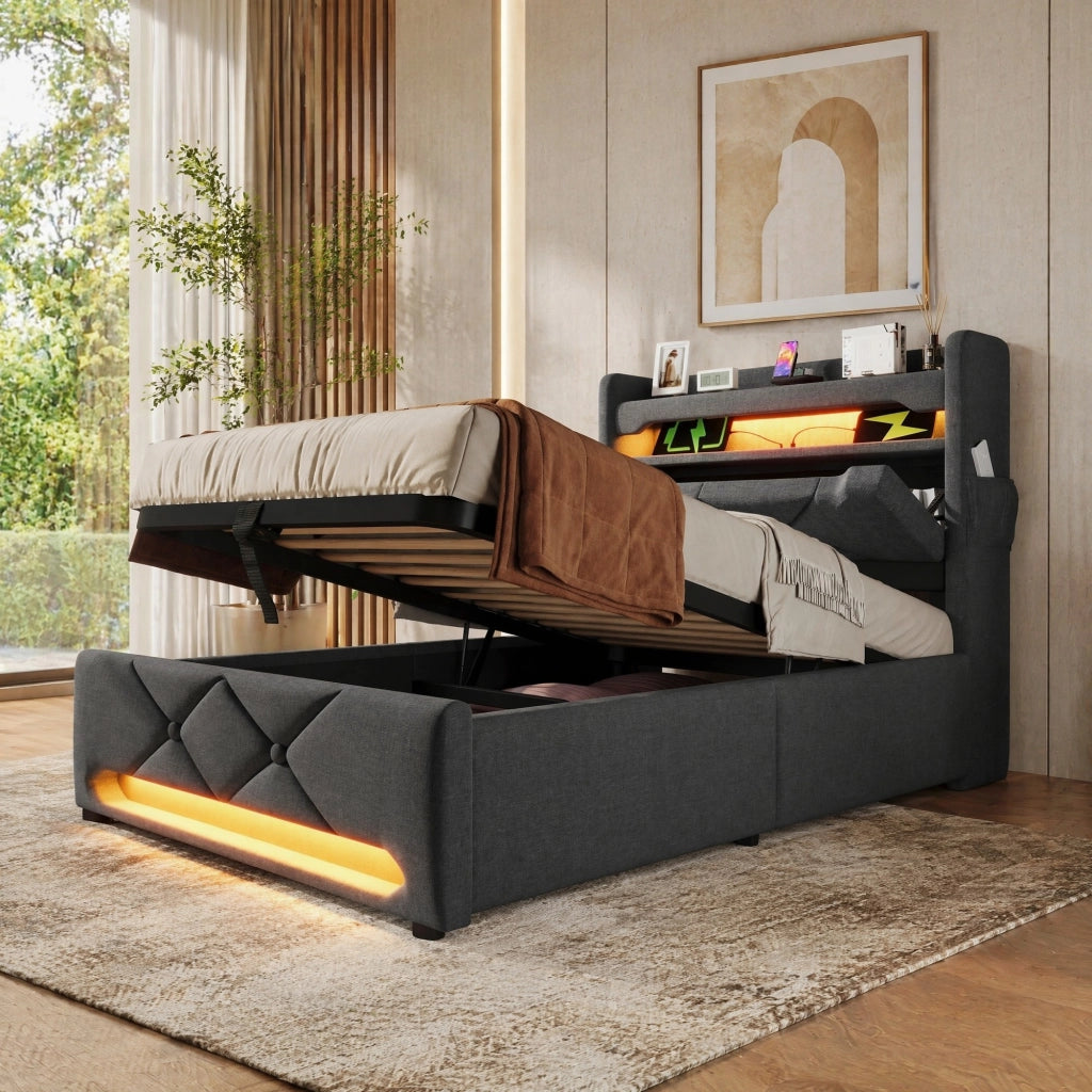 Letto singolo 90x200 con LED, USB e materasso incluso