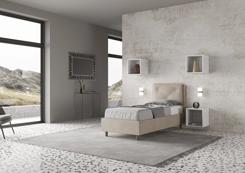 BS COM Letto singolo contenitore imbottito 80x200 microfibra sabbia