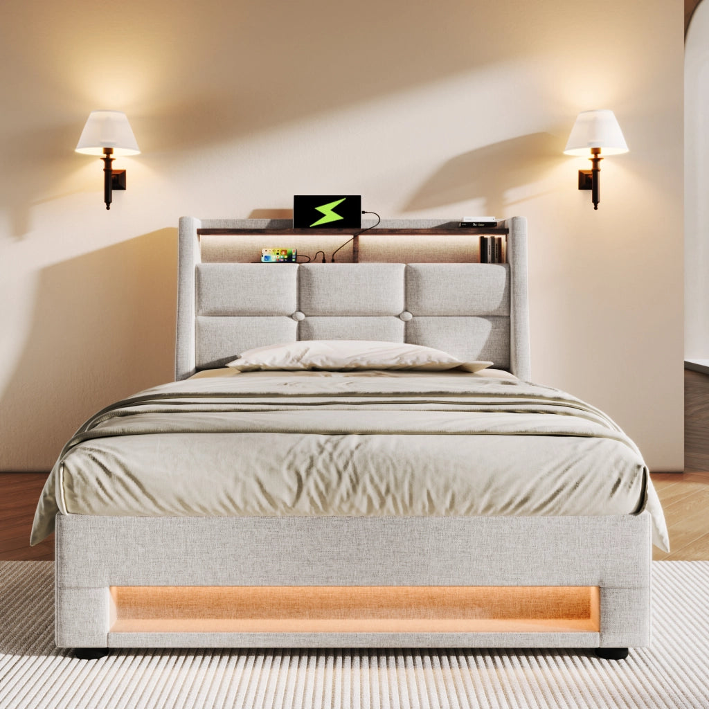 letto imbottito lino beige 90 x 200 cm