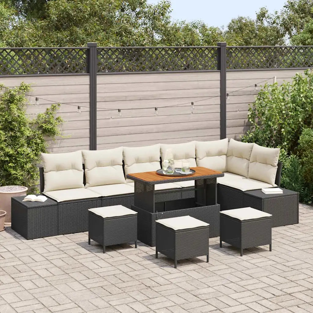 Set Divano da Giardino con cuscino 10 pcs Nero Poly Rattan