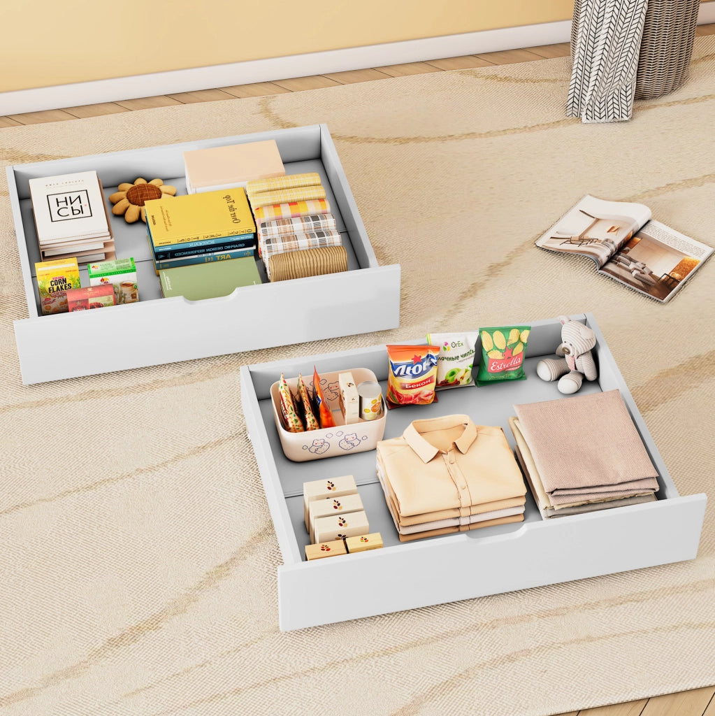 Cassetti contenitore con ruote in MDF bianco; set da 2