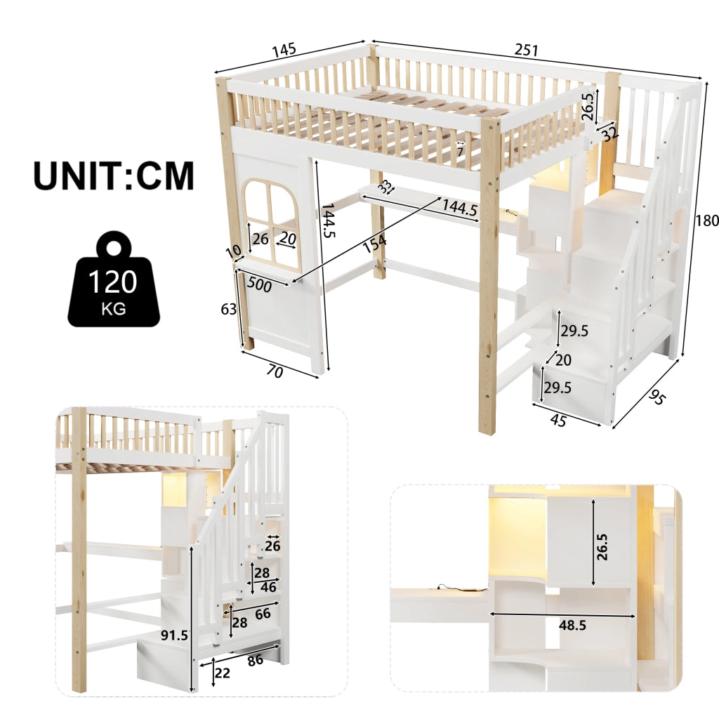 Letto a soppalco matrimoniale 140×200 cm con LED; scrivania; ripiani e scala contenitore; senza materasso; bianco naturale