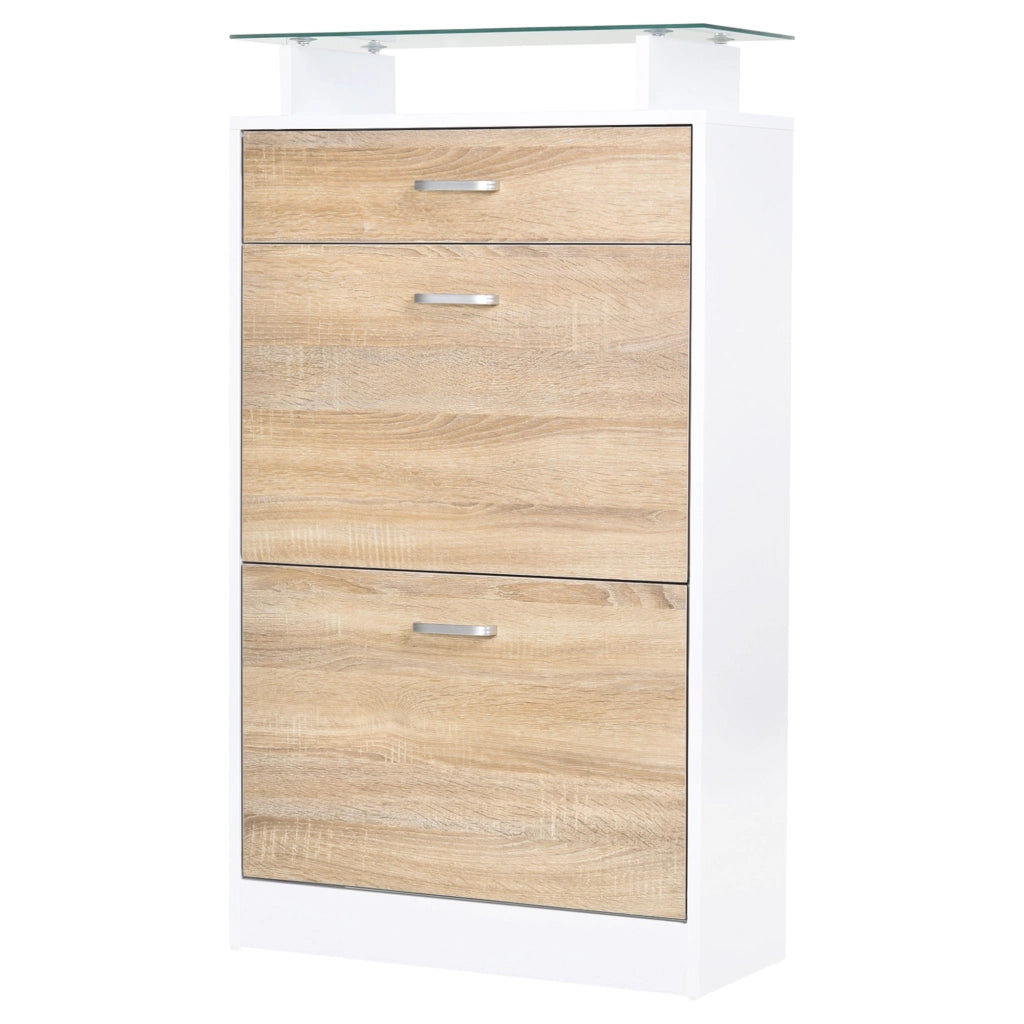 Armadio per Scarpe con 2 Ante Battenti, Cassetto e Piano in Vetro ¨C Minimal ¨C Legno Rovere Bianco 60x35x100