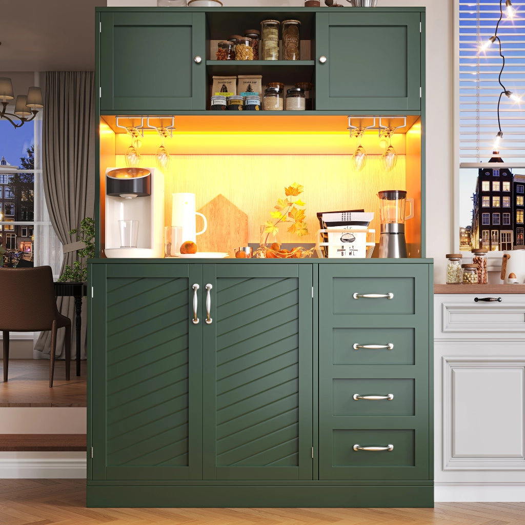 Credenza con 4 Ante 2 Cassetti Portabottiglie e LED per Sala da Pranzo in MDF Verde 120 x 40 x 188 cm