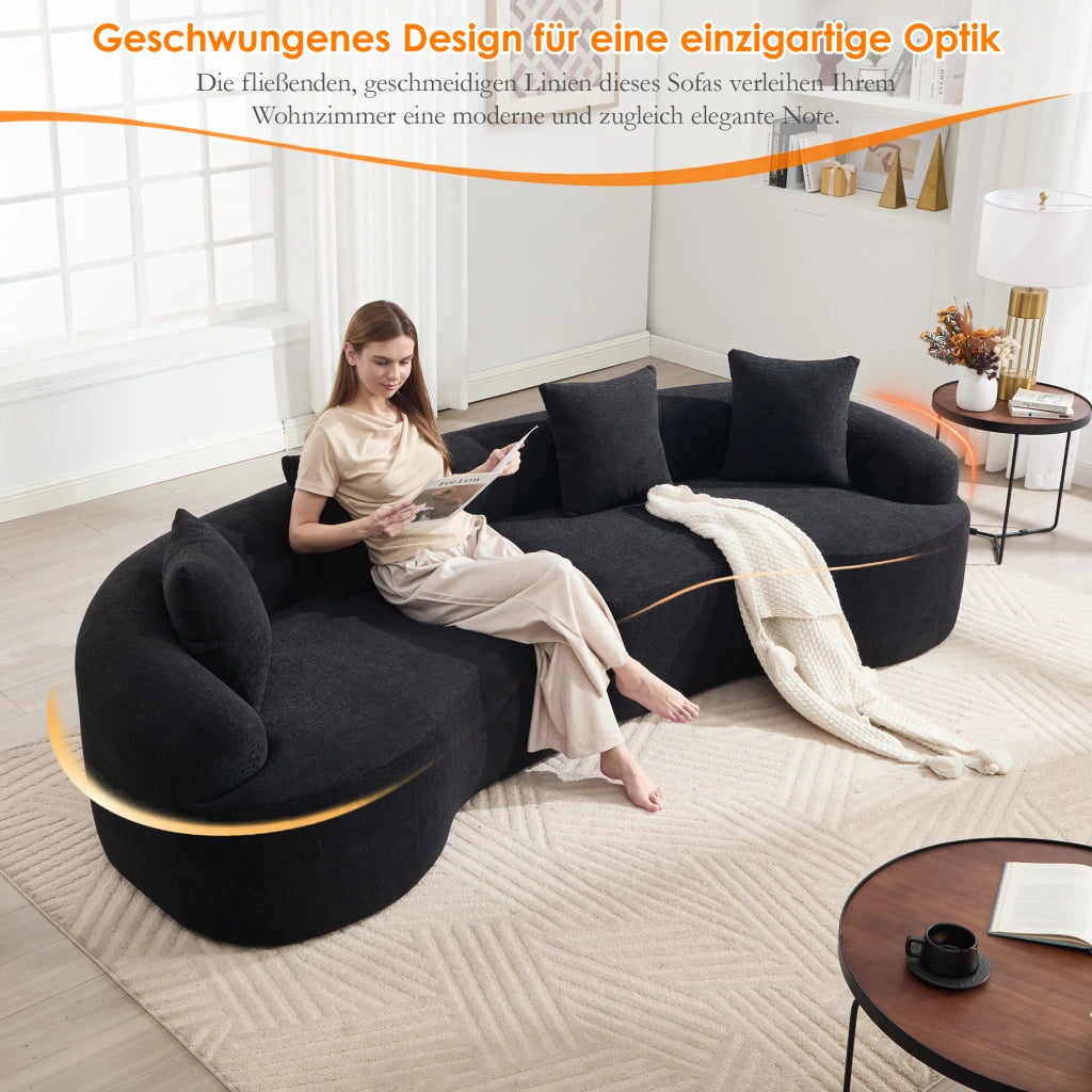 Divano angolare modulare 4 posti con design curvo per soggiorno in chenille nero stile moderno 275×115×63 cm