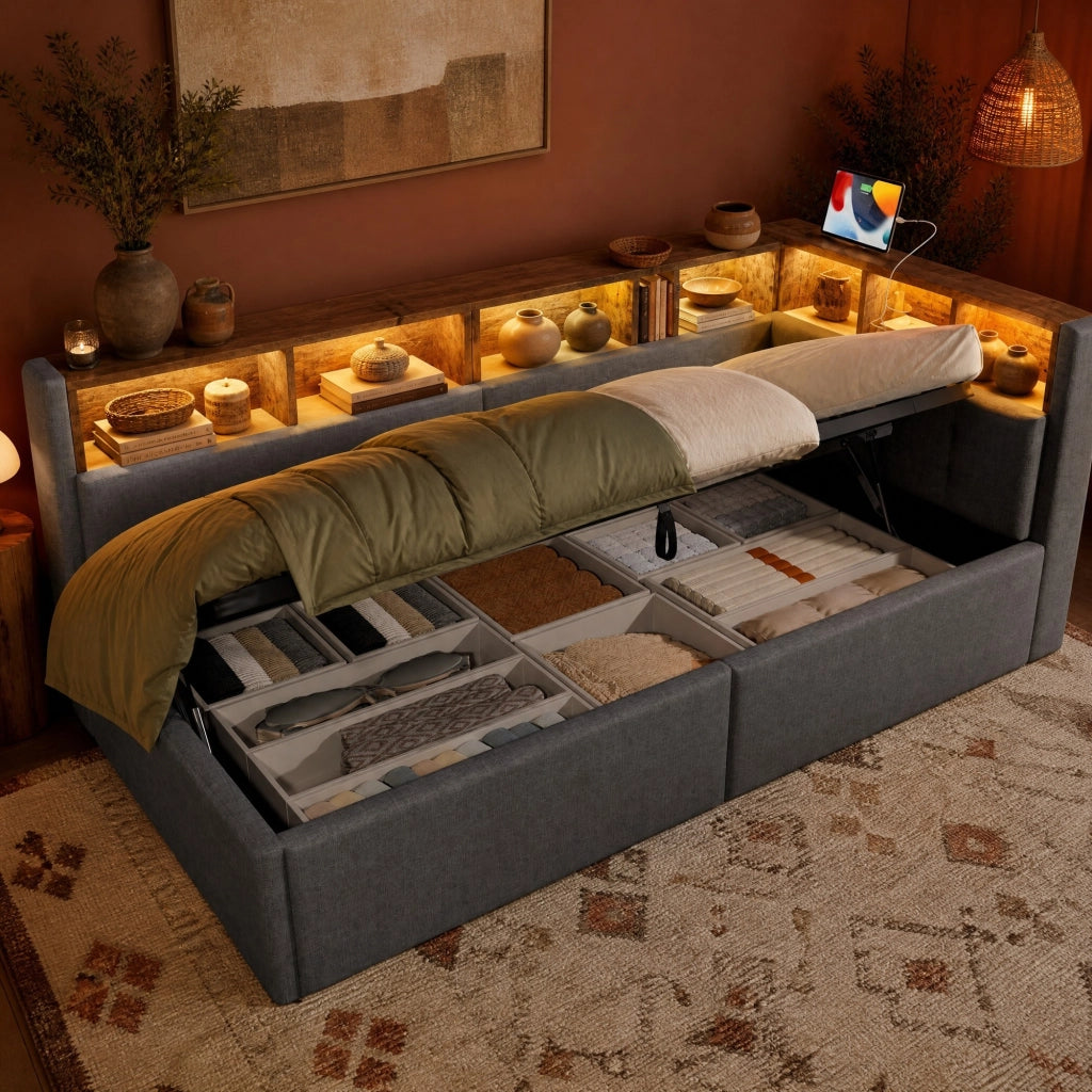 LETTO 90x200 cm in lino grigio con LED, USB e Type-C, senza materasso