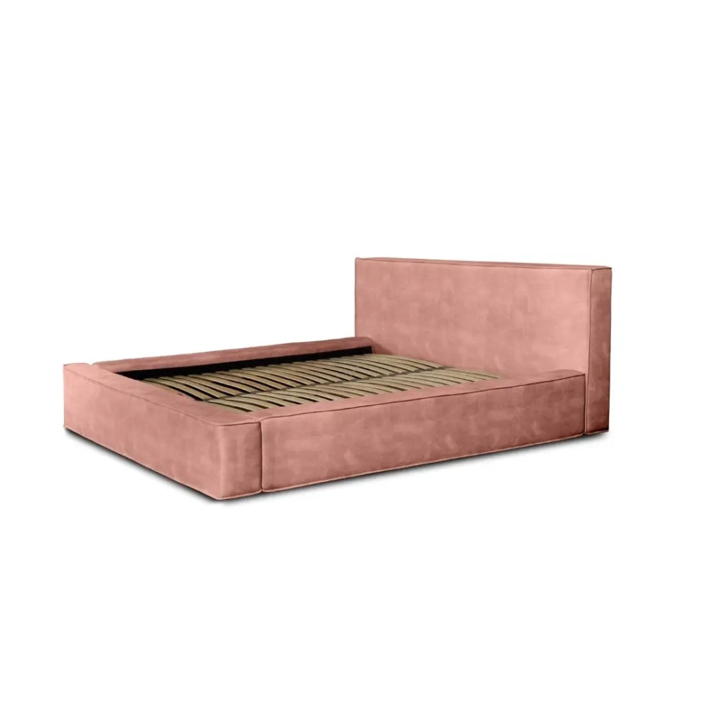 Lettino con contenitore VELORA – Corallo – 140x200 cm – Tessuto velluto morbido – Rete sollevabile – Spazio di archiviazione integrato
