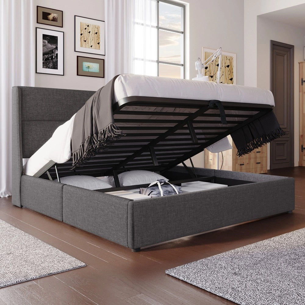 Letto Contenitore Imbottito 140x200 ¨C MINIMAL ¨C Grigio, Tessuto Lino, Metallo, Idraulico, Testiera Regolabile