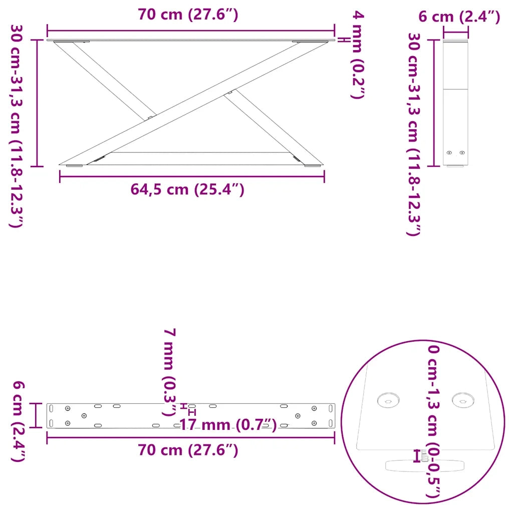 Gambe per tavolino da caff¨¨ 2 pz | Piede del tavolo in acciaio naturale 70x(30-31,3) cm