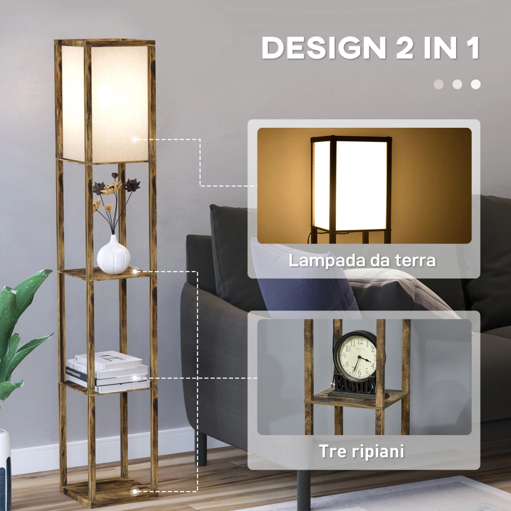 Lampada da Terra Attacco E27 Potenza 40W con Mensole in MDF Colore Legno