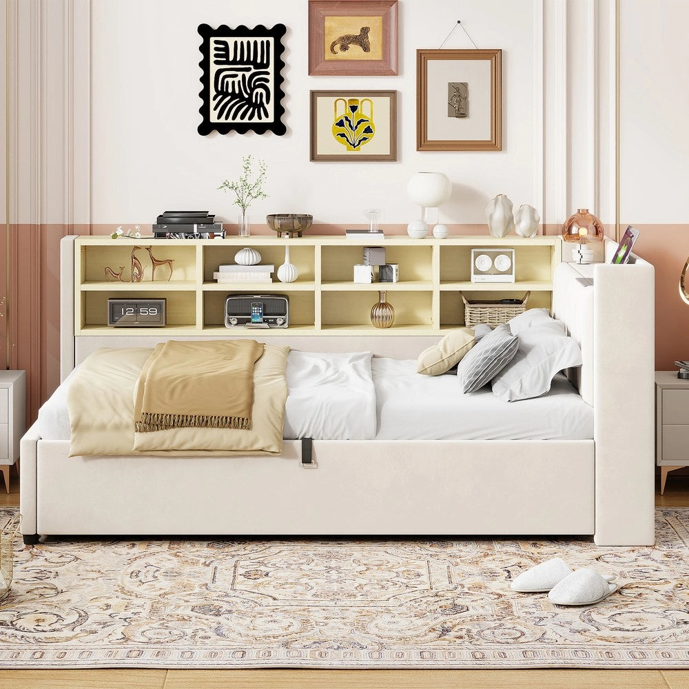 Letto Imbottito Contenitore con Testiera, Luce LED e USB ¨C MINIMAL ¨C Velluto Beige 90x200