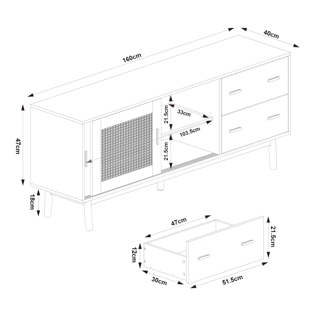 Mobile Porta TV Susa con Cassetti e Ante Scorrevoli in Polyrattan 160x40x65 cm Grigio [en.casa]