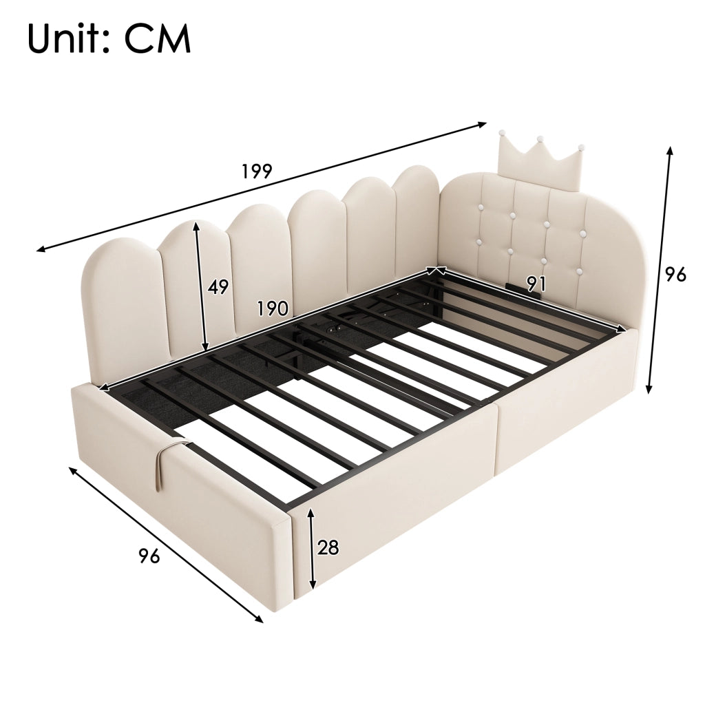 Letto a Divanetto 90 x 190 cm; Contenitore - in Velluto - Beige