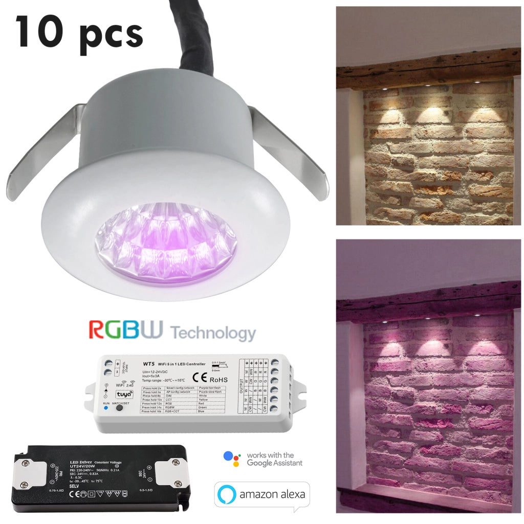 Set 10 PCS Mini faretto LED RGB SPOT incasso 25mm 2W 24V centralina smart WiFi Alexa Google alimentatore LUCE RGBW+4000K