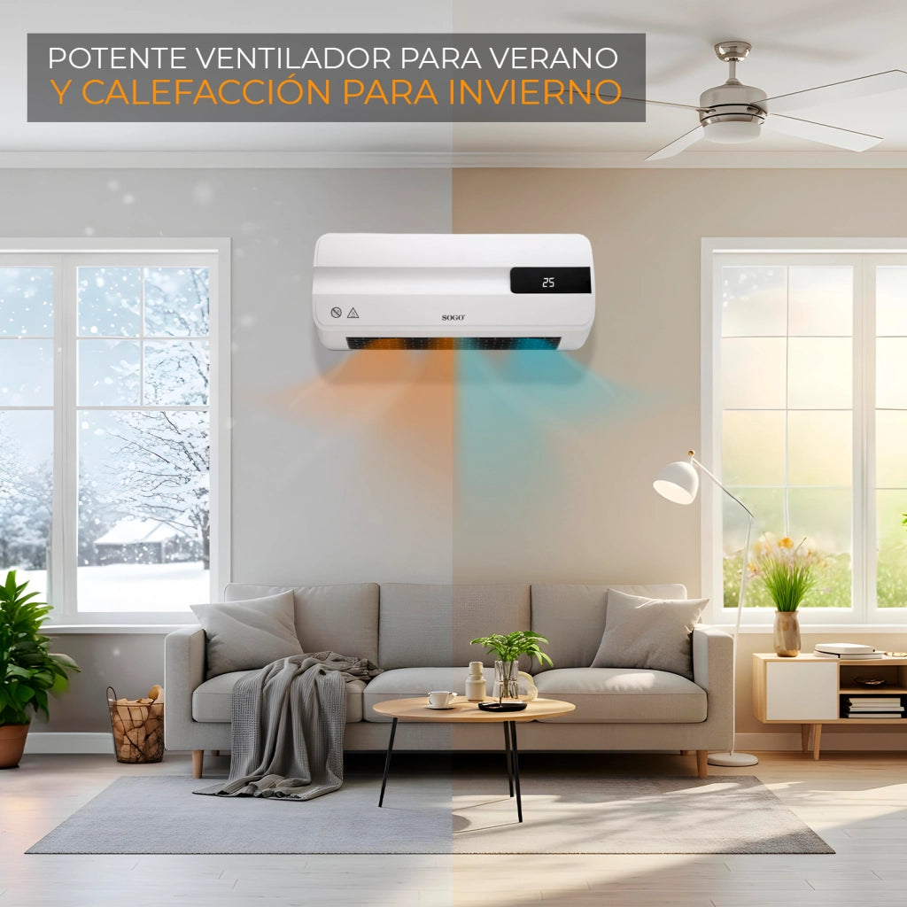 Termoventilatore da parete PTC 2000W con display LED digitale, telecomando, timer 7 giorni, termostato elettronico - SOGO