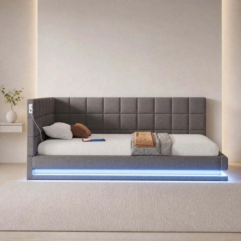 LETTO Divano 90x200 cm con LED, USB, rete a doghe, lino grigio