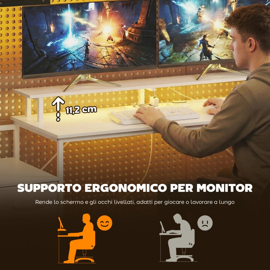 Scrivania Gaming con LED RGB - Xylo - Bianco 147cm Supporto Monitor 3 Cassetti USB Porta Computer