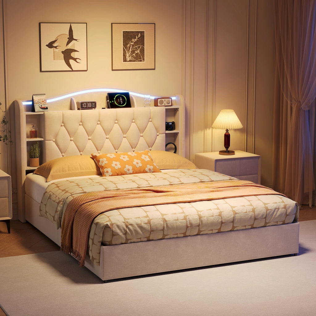 Letto una piazza e mezza 140x200 cm con contenitore LED RGB USB testiera rete a doghe velluto metallo legno - beige