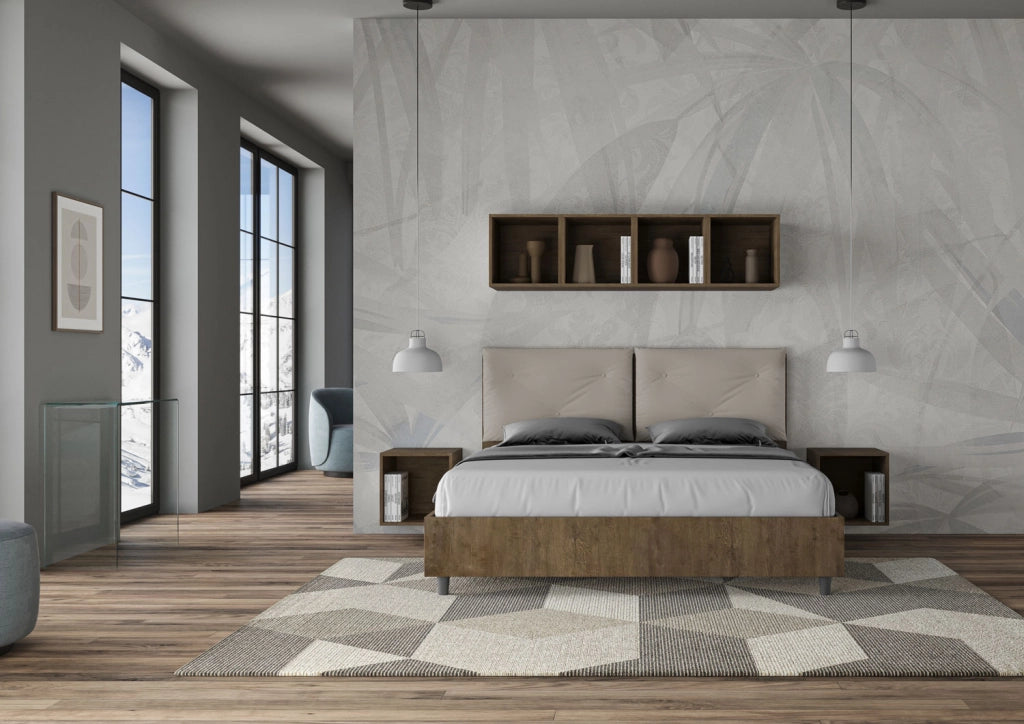 BS COM Letto matrimoniale contenitore 160x200 Noce cuscini similpelle tortora