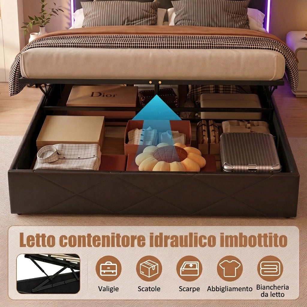 Letto matrimoniale 140x200 cm con contenitore LED USB Type-C testiera rete a doghe struttura letto metallo legno PU - nero