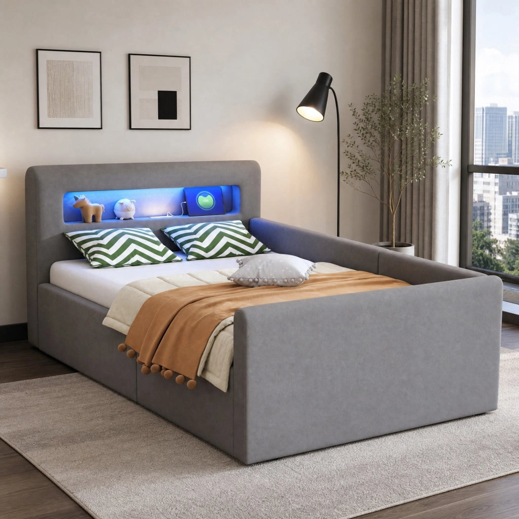 LETTO imbottito 90x200 cm in velluto grigio con LED, USB e contenitore idraulico