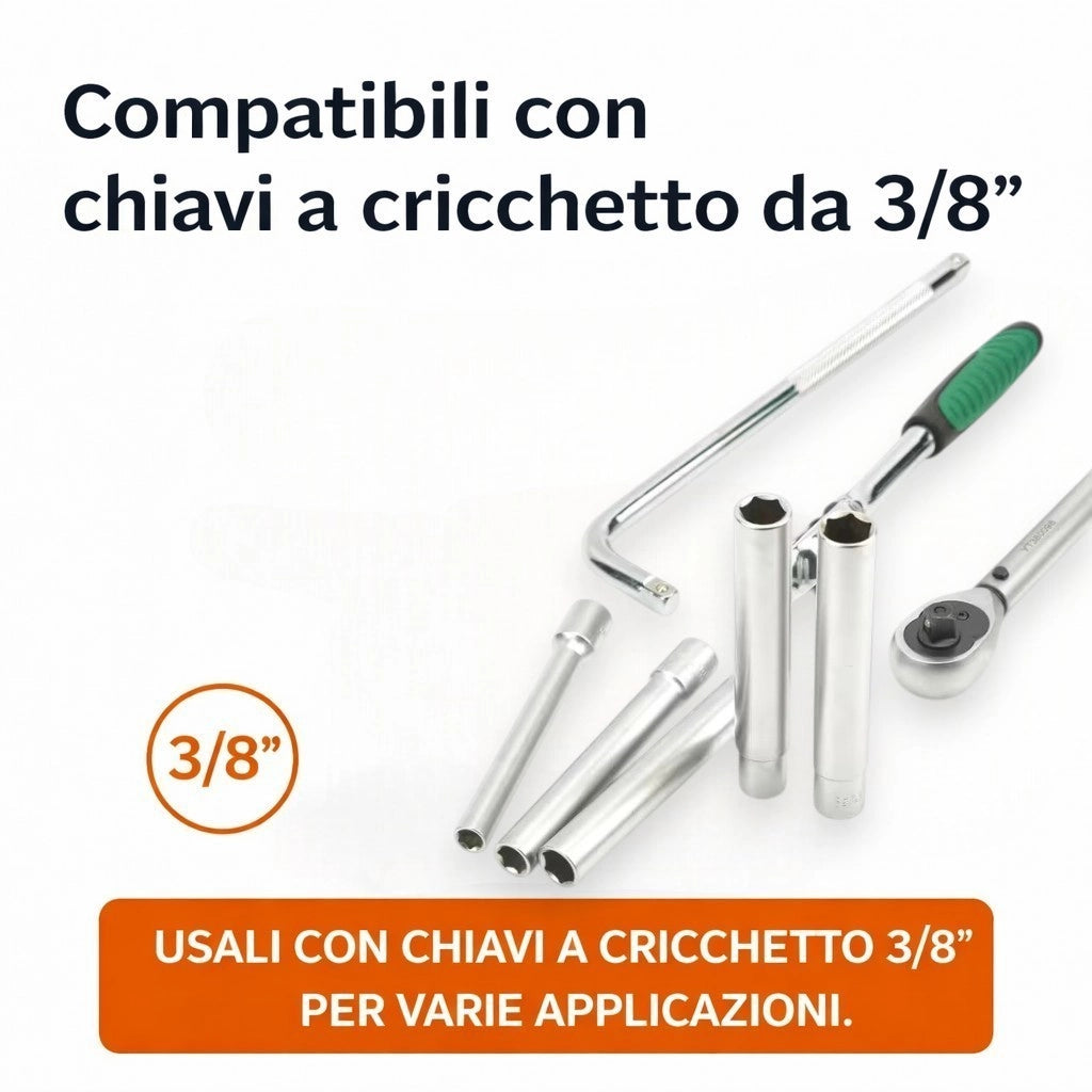 Set 5 Chiavi a Bussola 8-14mm 3/8" Extra Lunghe 120mm + Riduttore da 3/8 a 1/4"