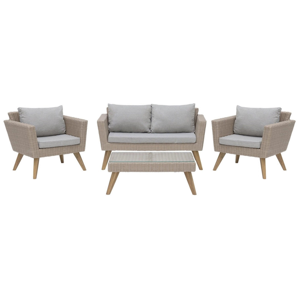 Set Esterno Rattan di colore Marrone Divanetto 2 Poltrone Tavolino Cuscini Grigi terrazzo giardino