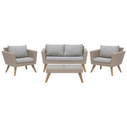 Set Esterno Rattan di colore Marrone Divanetto 2 Poltrone Tavolino Cuscini Grigi terrazzo giardino