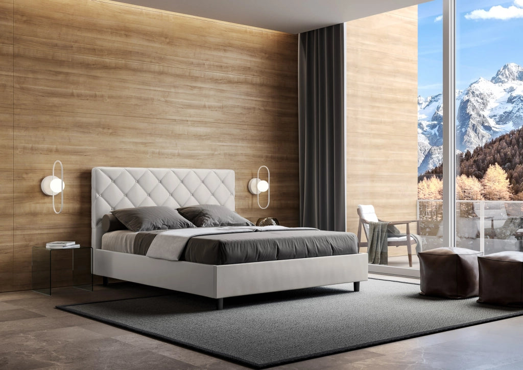 BS COM Letto matrimoniale francese senza rete imbottito 140x200 similpelle bianco