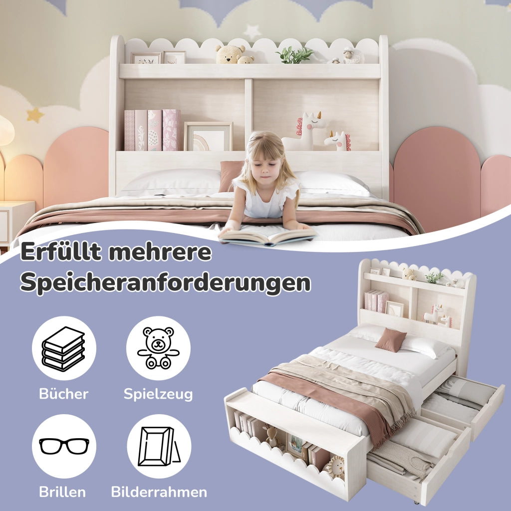 LETTO Singolo con cassetti e ripiani 90x190 cm Bianco e Rovere