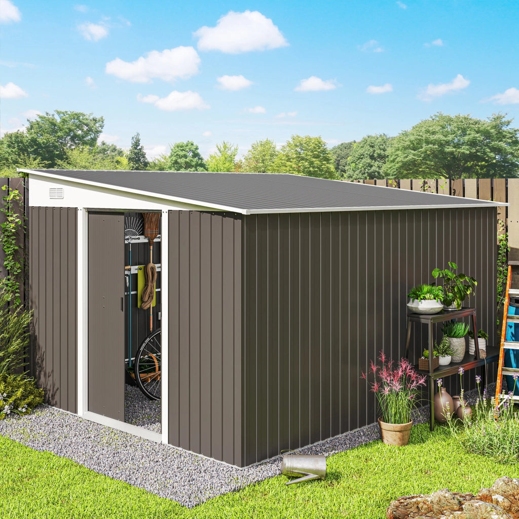 Casetta da Giardino con Porta Scorrevole, in Acciaio, 345x280.5x169-201cm, Grigio