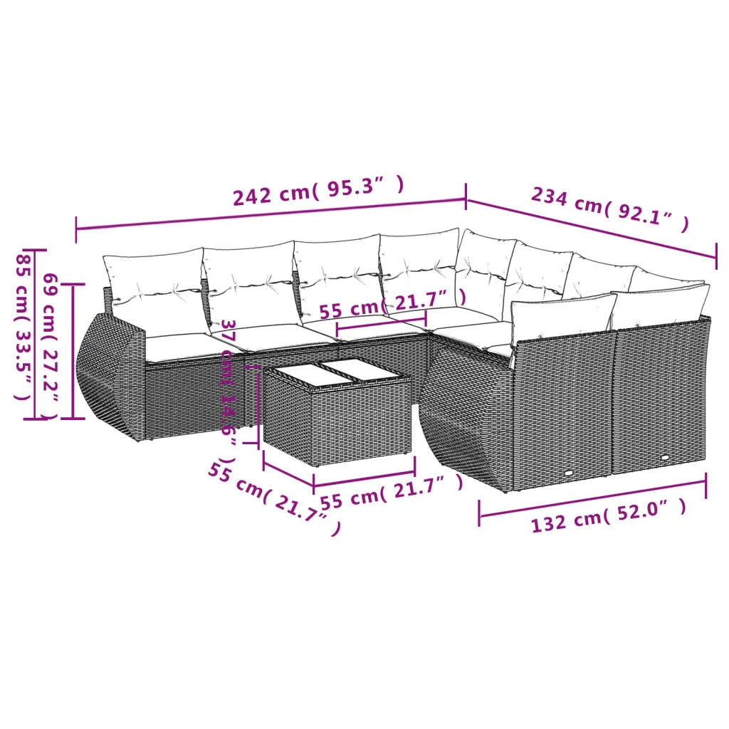 Set Divano da Giardino 9pz con Cuscini Grigio Chiaro Polyrattan 3253499