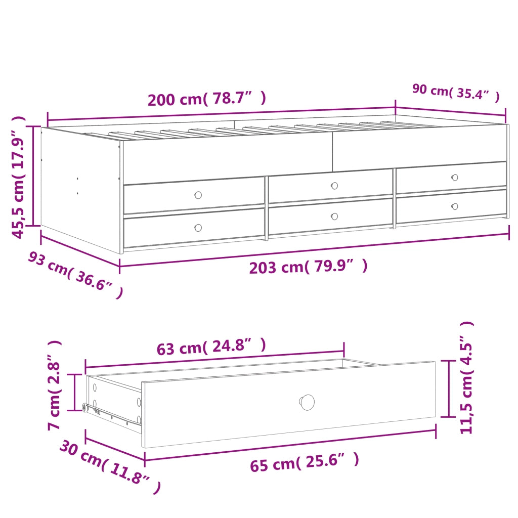 Divano Letto con Cassetti senza Materasso Rovere Fumo 90x200 cm 3280878