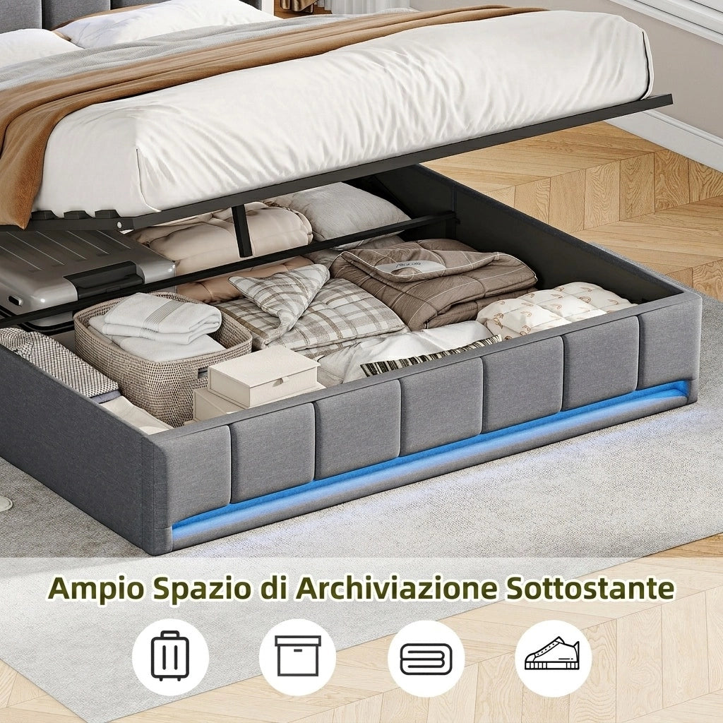 Letto matrimoniale 160x200 cm con contenitore LED USB testiera con mensola rete a doghe in lino - grigio
