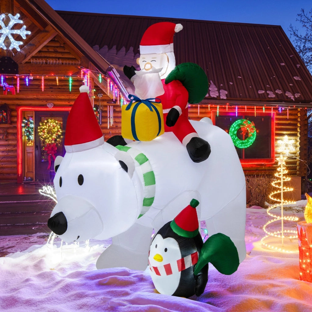Orso polare gonfiabile illuminato alto 210cm, Babbo Natale gonfiabile che cavalca orso con pinguino sacchetti regalo-Gonfiabili natalizi